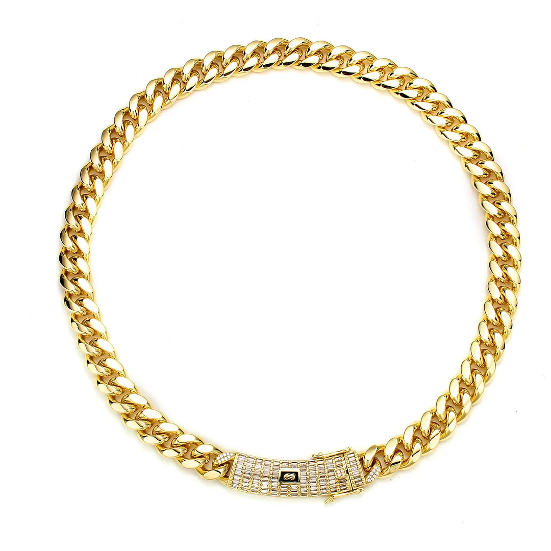 Gold Plated Mens Heavy Miami Cuban Link Chain Choker with Lab Diamond Clasp Titanium Stainless Steel Hip Hop Thick 6mm-14mm Necklace