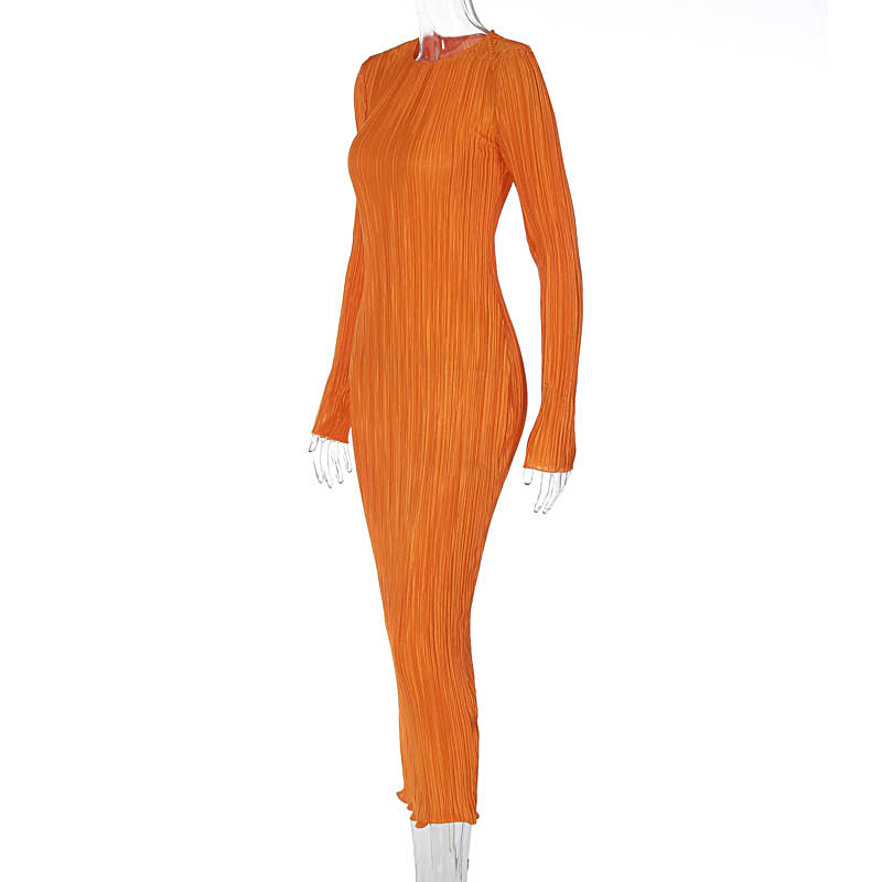 Ootddress Fashion Long Sleeve Loose Dress For Women Ribbed Casual Elegant Slim High Waist Streetwear Solid Ruffled Ladies Dress 2025