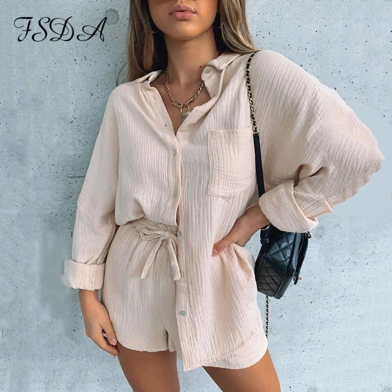 FSDA 2021 Summer Autumn Long Sleeve Top Shirt Women And Shorts Casual Women Set Black Two Pieces Set Loose Outfit Female