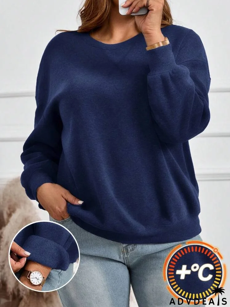 Plus Size Solid Crew Neck Fleece Lining Casual Fall Sweatshirt