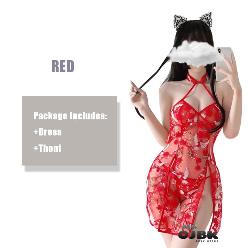Embroidery Backless Cheongsam Nightwear Female Vintage Split Tempatation Erotic Costume Women's Suit Perspective Lingerie Dress