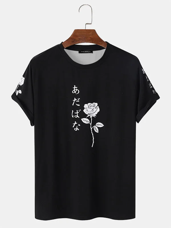 Aonga - Mens Rose Print Casual Short Sleeve T-ShirtsI
