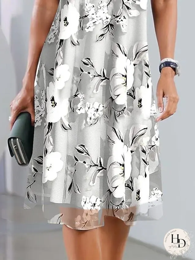 Casual Dress Chiffon Dress Summer Dress Floral Print Crew Neck Midi Dress Fashion Streetwear Outdoor Daily Short Sleeve Regular Fit Gray Summer Spring S M L XL XXL for Women