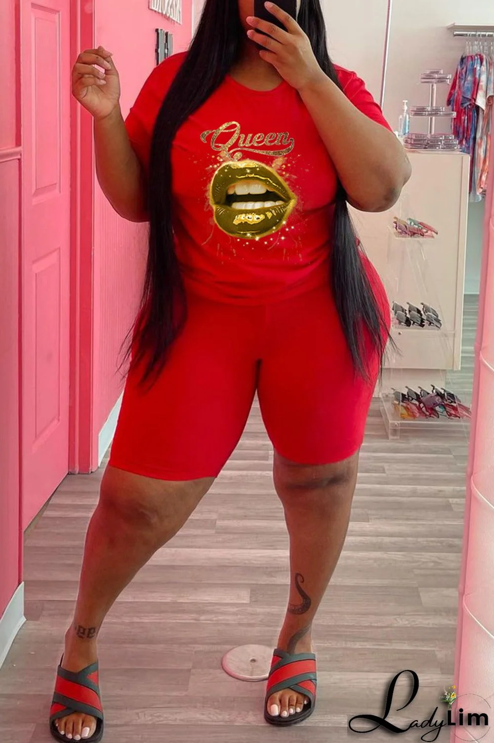 Black Fashion Casual Lips Printed Basic O Neck Plus Size Two Pieces