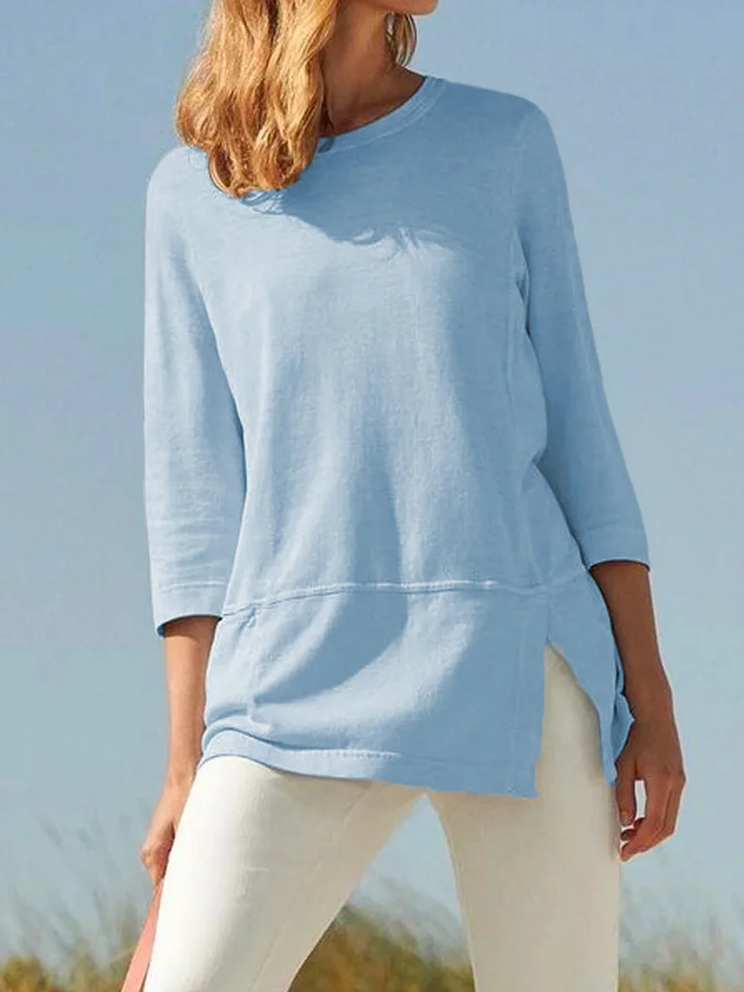 Women Casual Plain Autumn Micro-Elasticity Loose Three Quarter Crew Neck Regular H-Line Tops