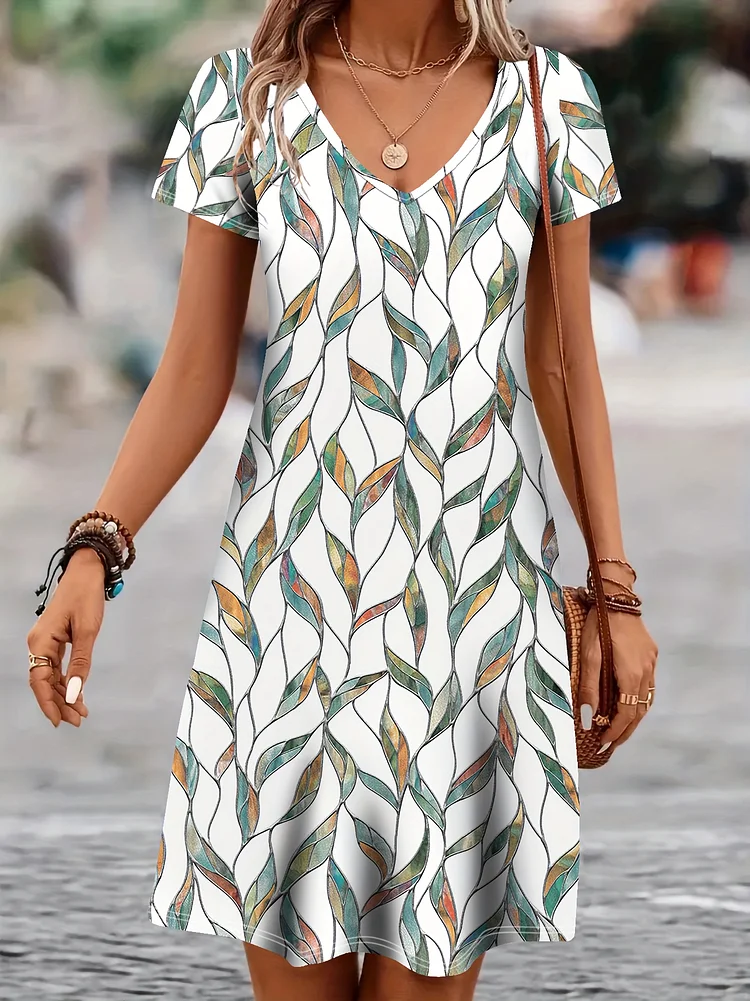 Vibrant Leaf Print Midi Dress - Soft Knit Polyester Spandex Blend, Flattering V-Neck, Short Sleeves, Fitted Silhouette, Casual All-Season Wear, Easy Care, And Comfortable Fabric