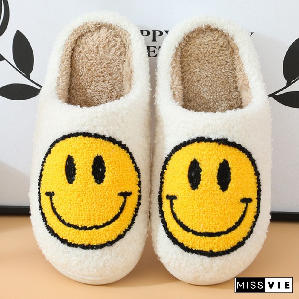 Winter House Girls Fur Slippers Cute Smiley Pattern Women Fluffy Warm Bedroom Ladies