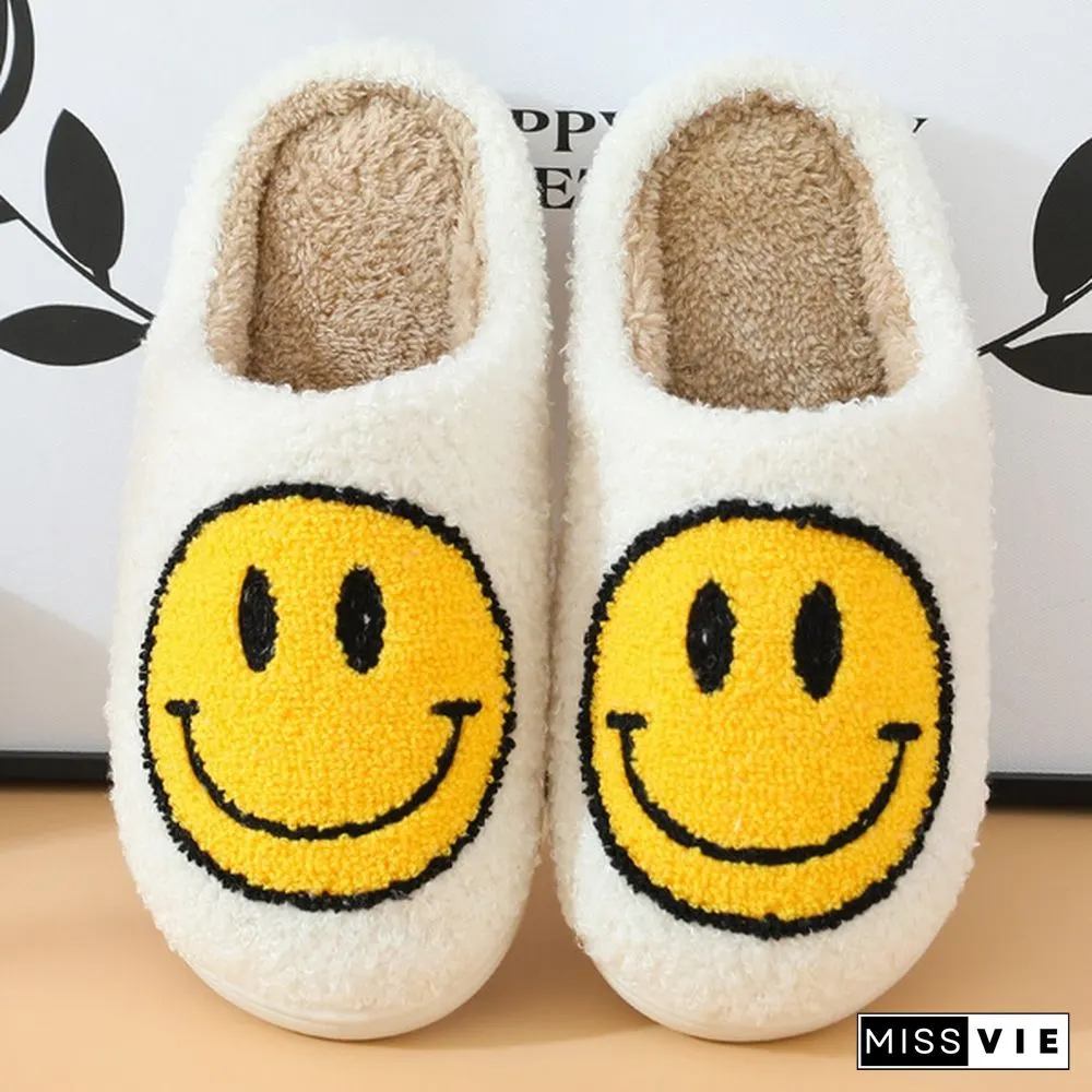 Winter House Girls Fur Slippers Cute Smiley Pattern Women Fluffy Warm Bedroom Ladies