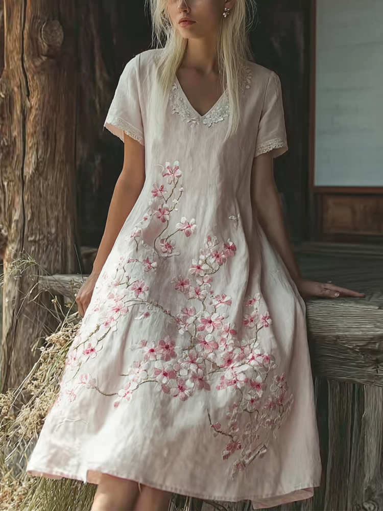 Sakura Embroidery Pattern Casual Linen Dress elevenforest