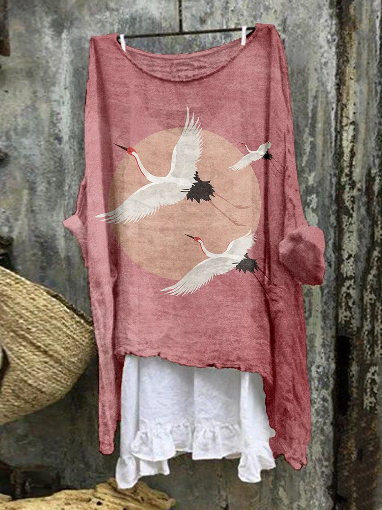 Comstylish Flying Cranes Japanese Art Linen Blend Flowy Tunic