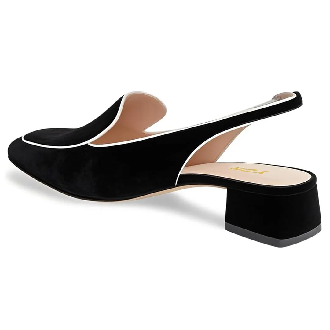 Black Vegan Suede Slingback Office Loafer Heels with Square Toe
