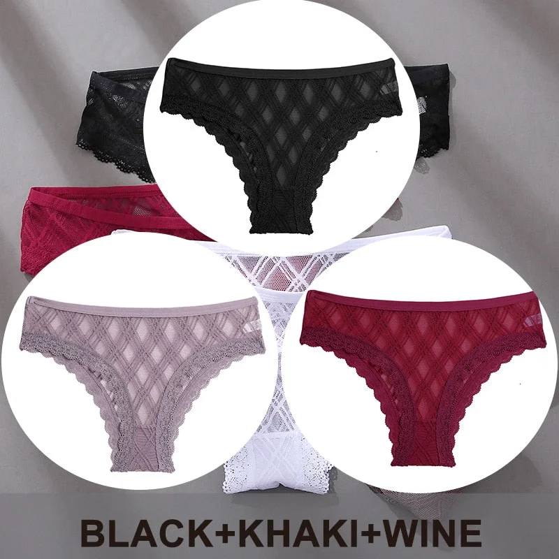 FINETOO 3PCS/Set Women's Panties Sexy Lace Lingerie Temptation Underwear Briefs Pespective Woman Thongs Mesh Underpants Female