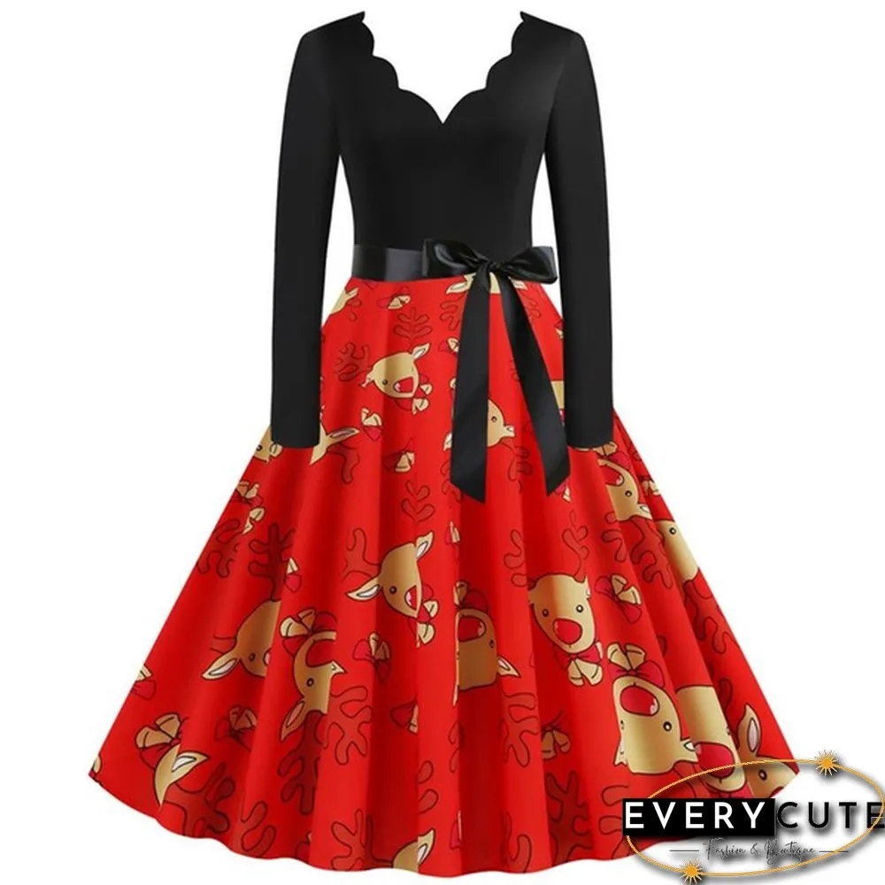 Christmas Prom Dress-Bow Style Santa Claus Print Swing`