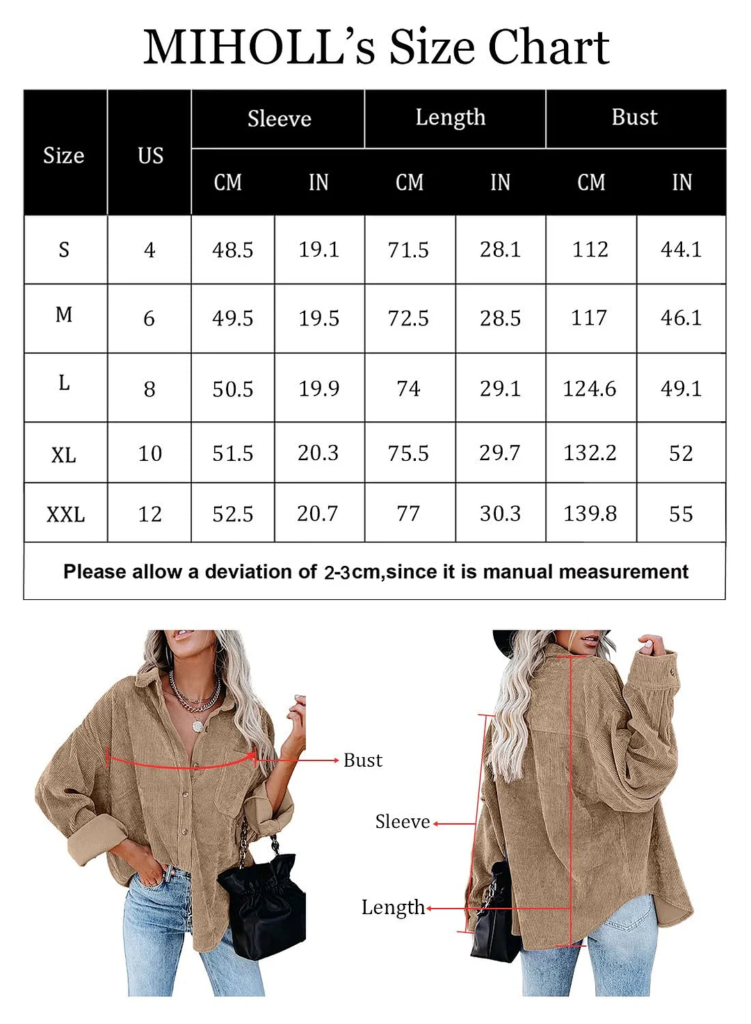 MIHOLL Women Corduroy Long Sleeve Button Down Collared Shirt Jacket Tops