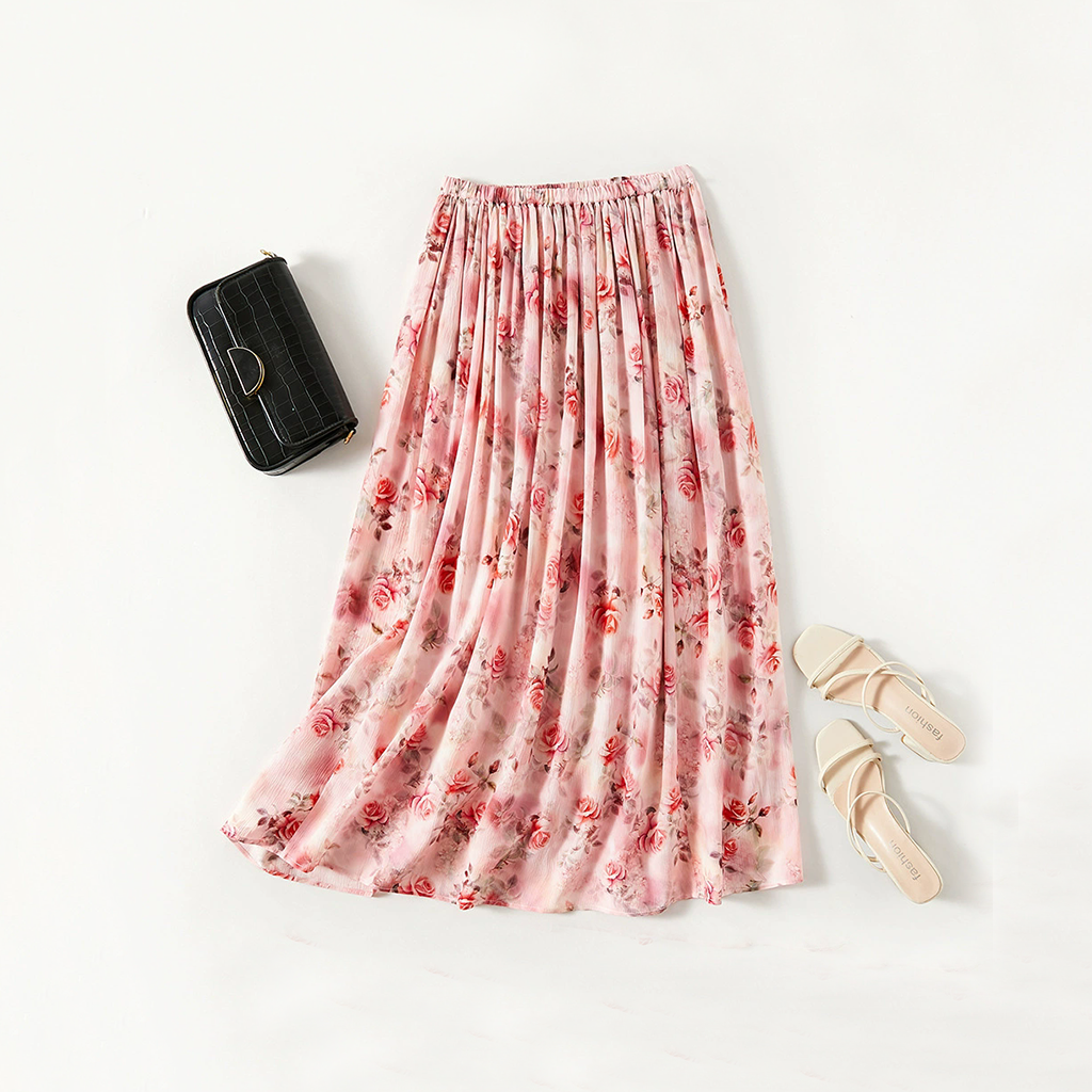 Spring-Summer Silk Skirt with Multi-colored Floral Prints for Vacation REAL SILK LIFE