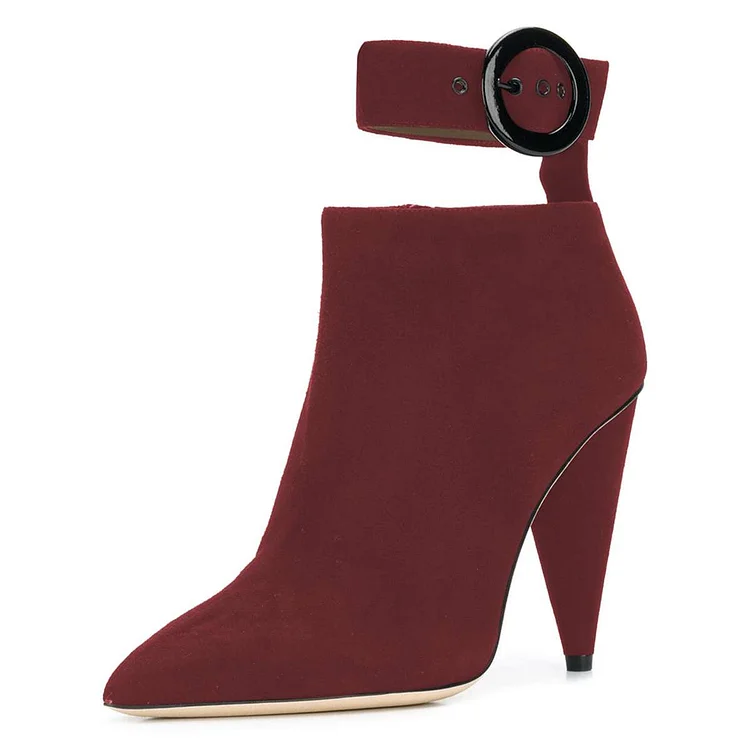 Burgundy Ankle Strap Buckle Cone Heel Ankle Boots |FSJ Shoes