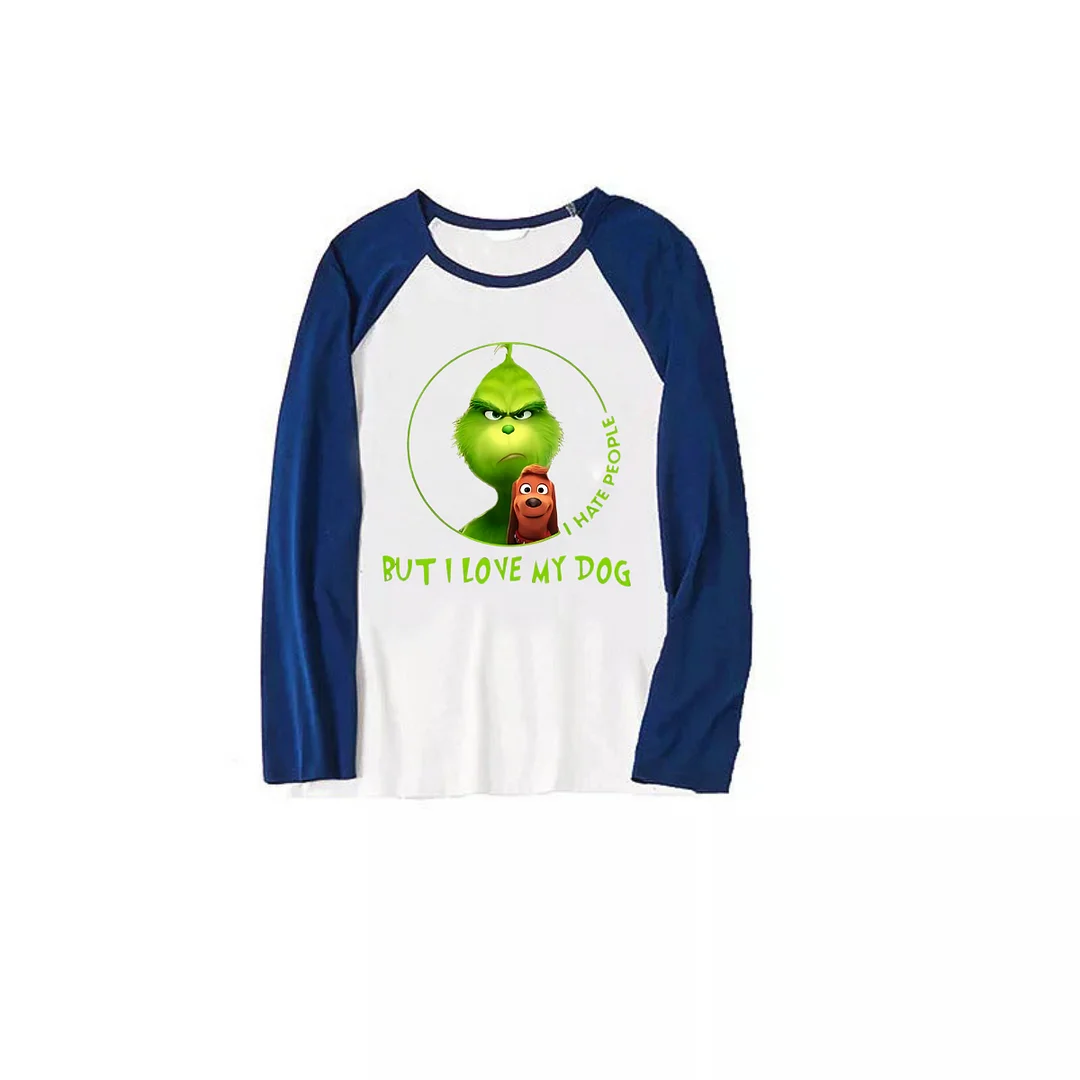 Cartoon Pattern and "I Hate People, But I Love My Dog" Printed Navy Blue and Black Plaid Christmas Family Pajamas