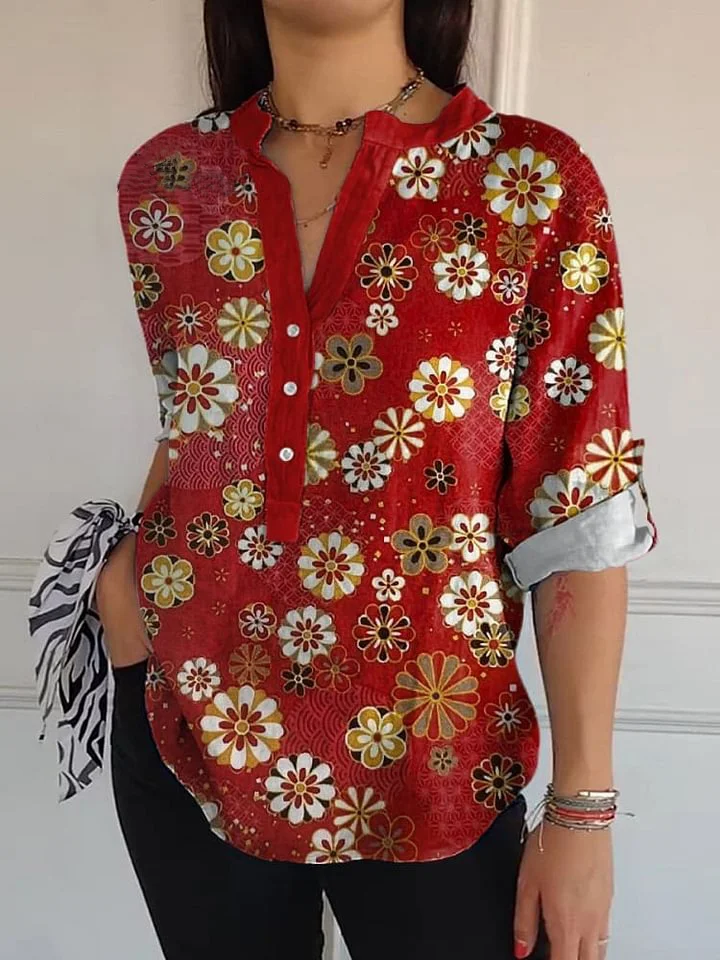 Japanese Style Floral Pattern Printed Women's Casual Long Sleeve Comfortable Cotton Shirt