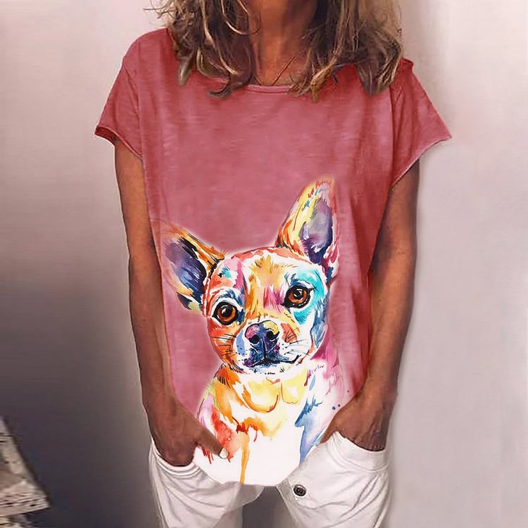 Artwishers Crew Neck Short Sleeve Dog Print T-Shirt