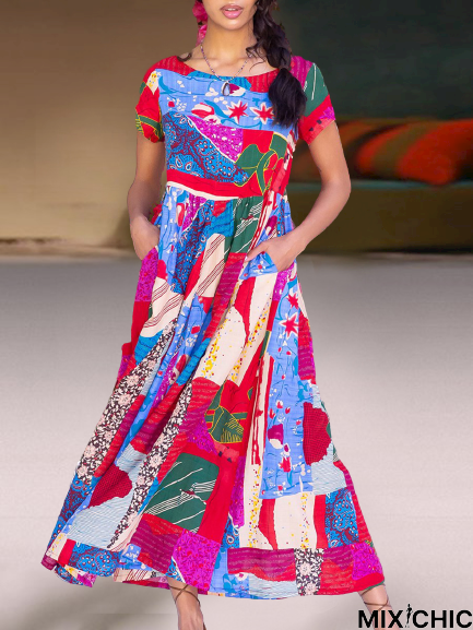 Short Sleeve Cotton-Blend Geometric Shift Weaving Dress