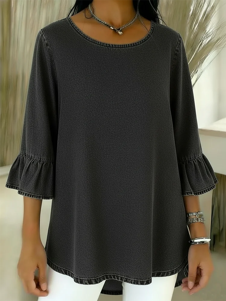 Casual Loose-fitting Ruffled Sleeves Denim Top socialshop