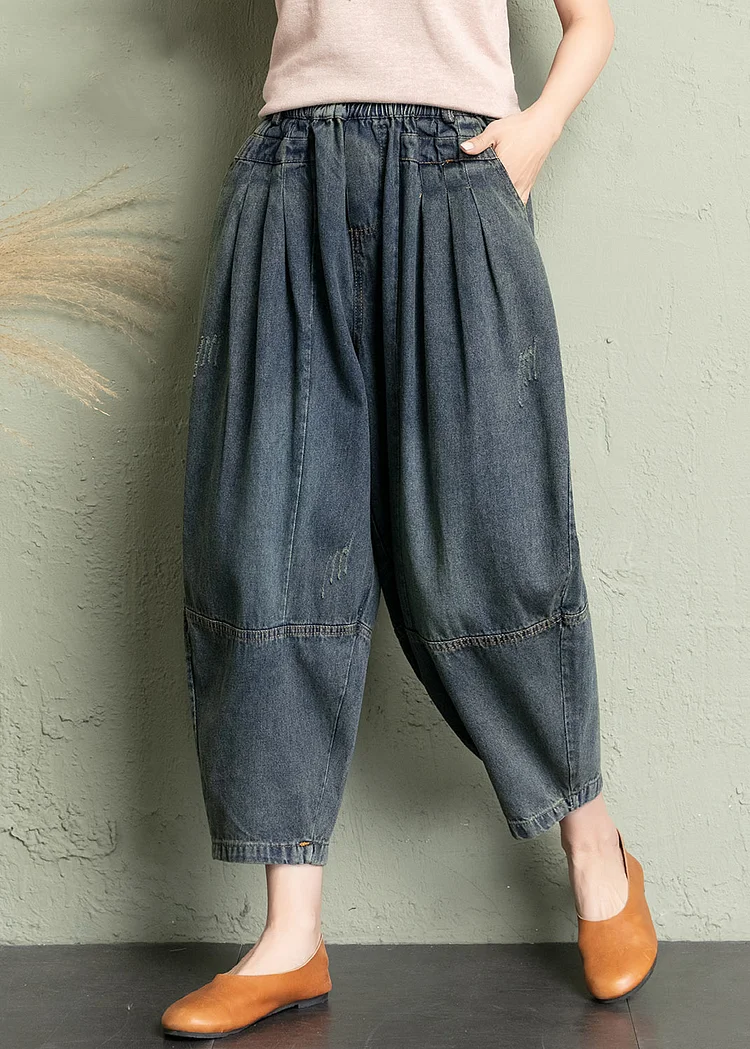 New Blue Pockets Elastic Waist Denim Crop Pants Summer