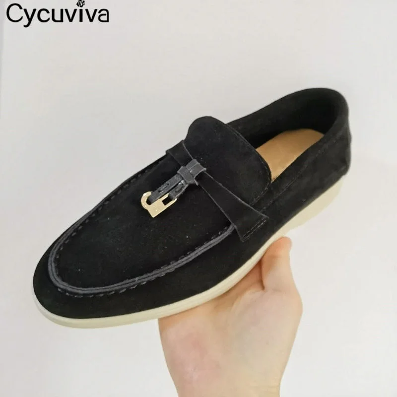 Hot Sale Kidsuede Women Flat Shoes Hanged Metal Loafers Ladies Shoes Woman Slip-on Casual Walk Shoes For Women