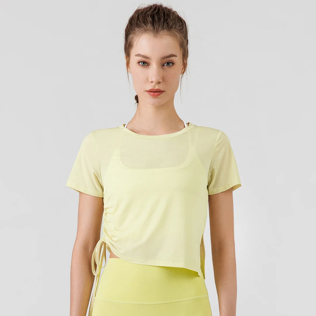 Hergymclothing Mist Green short sleeve round neck see through side drawstring running t shirts for women for sale