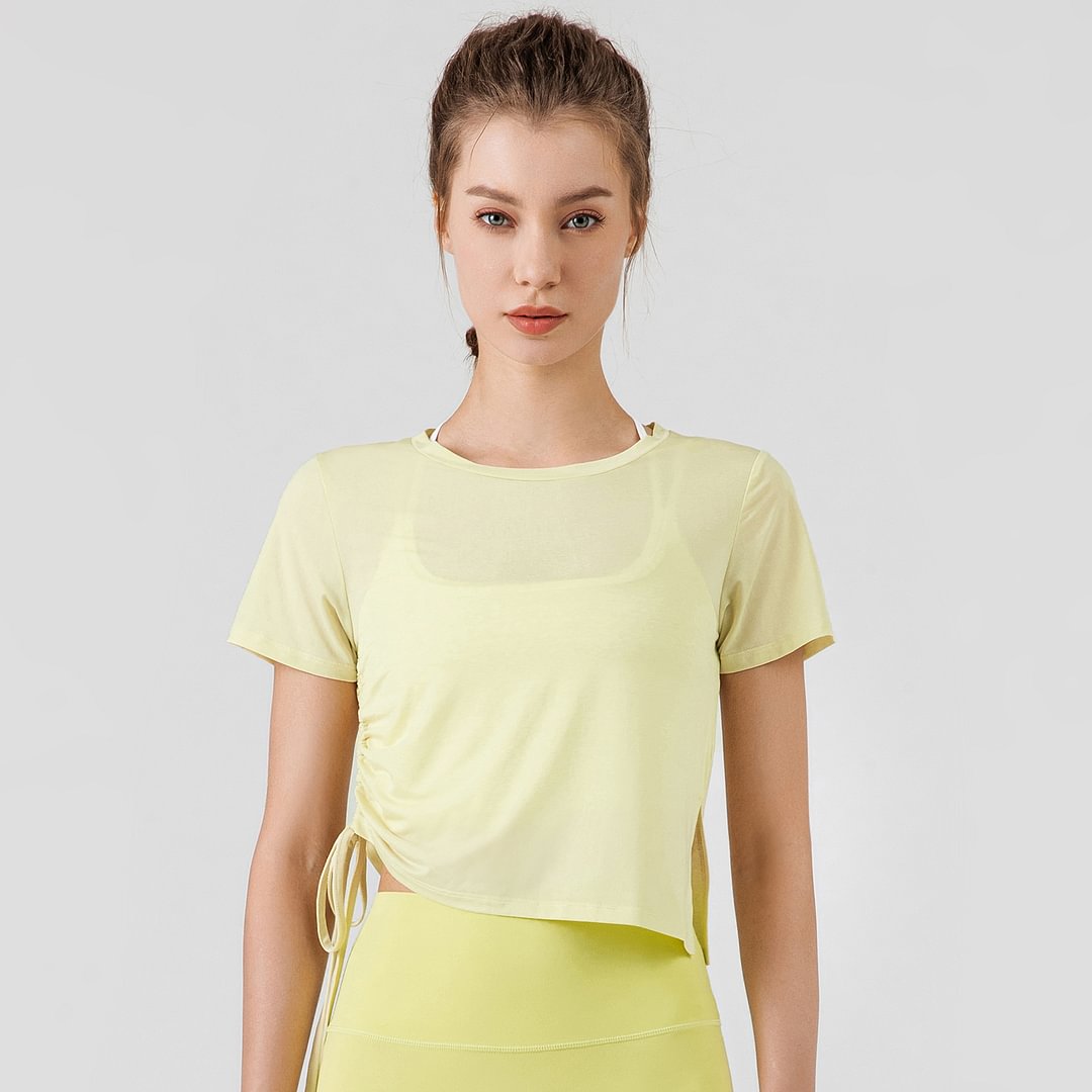 Hergymclothing Mist Green short sleeve round neck see through side drawstring running t shirts for women for sale