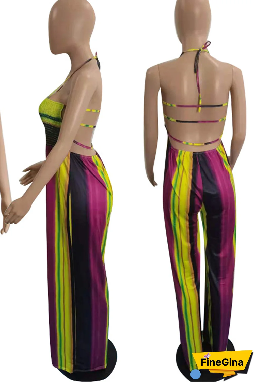 Pink Street Striped Draw String Halter Plus Size Jumpsuits