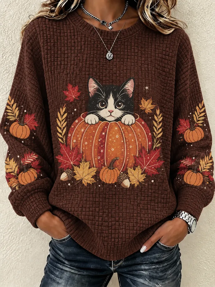 Comstylish Women's Cat, Pumpkin, And Maple Leaf Illustration Print Plaid Sweatshirt