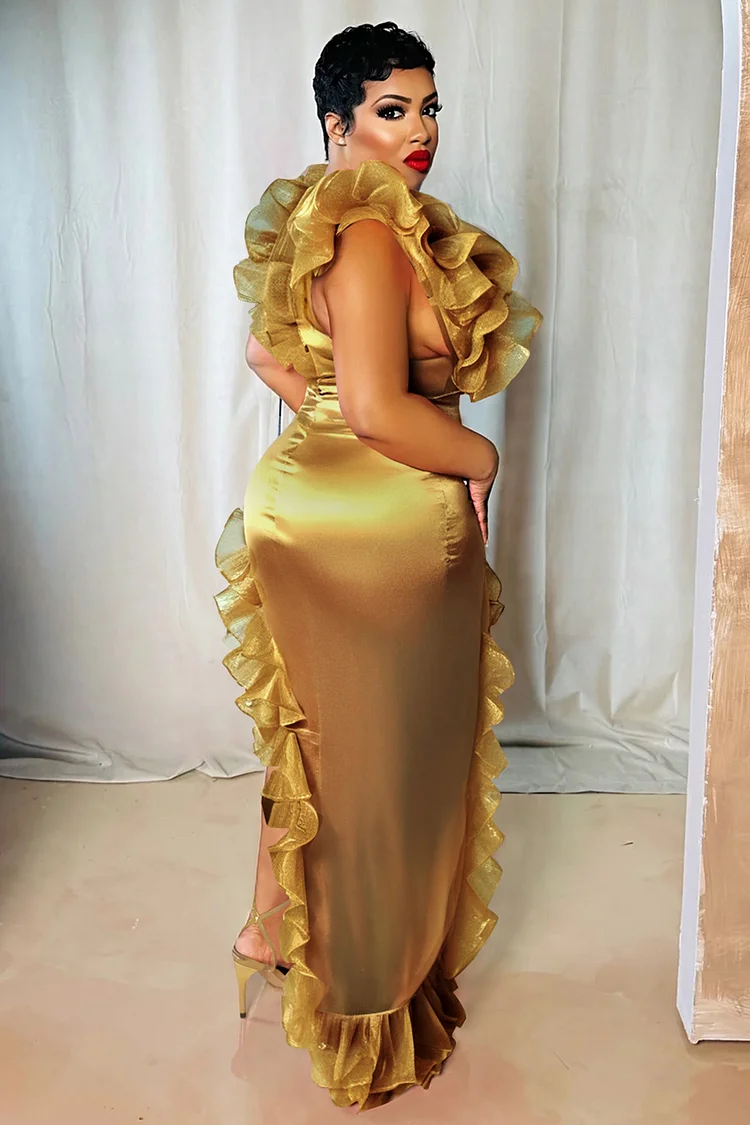 Tulle Patchwork Glitter Ruffle Hem Party Mini Dresses-Gold