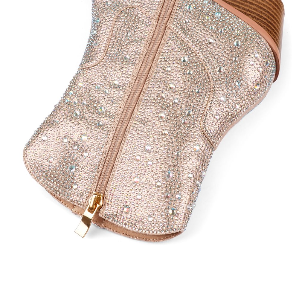 60mm Women's  Boots Ankle High Medium Heel Chunky Heel Diamond Studded Fashion Pull On Boot-MERUMOTE