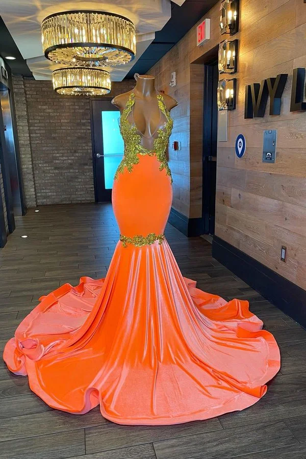Orange Evening Dress Appliques Halter V Neck Sleeveless Mermaid ED0767