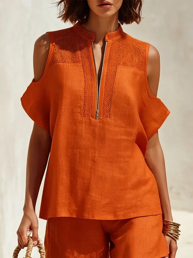Cotton Casual Plain Zipper Mock Neck Blouse mysite idetrend