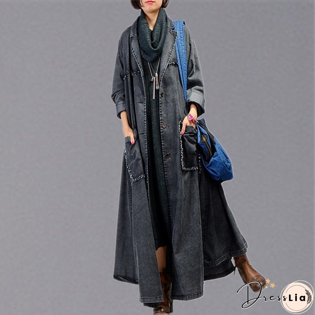 Irregular Denim Long Trench Coat Long Sleeve