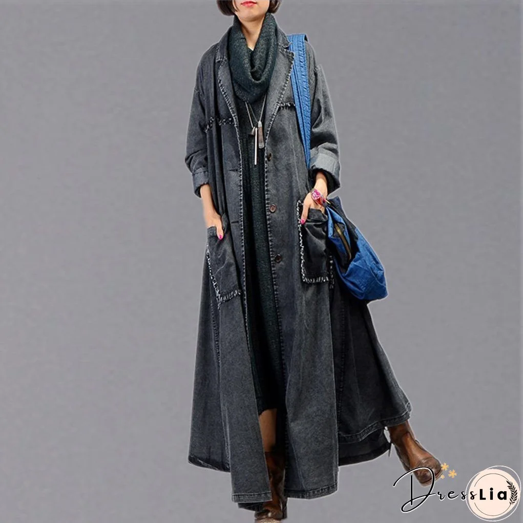 Irregular Denim Long Trench Coat Long Sleeve