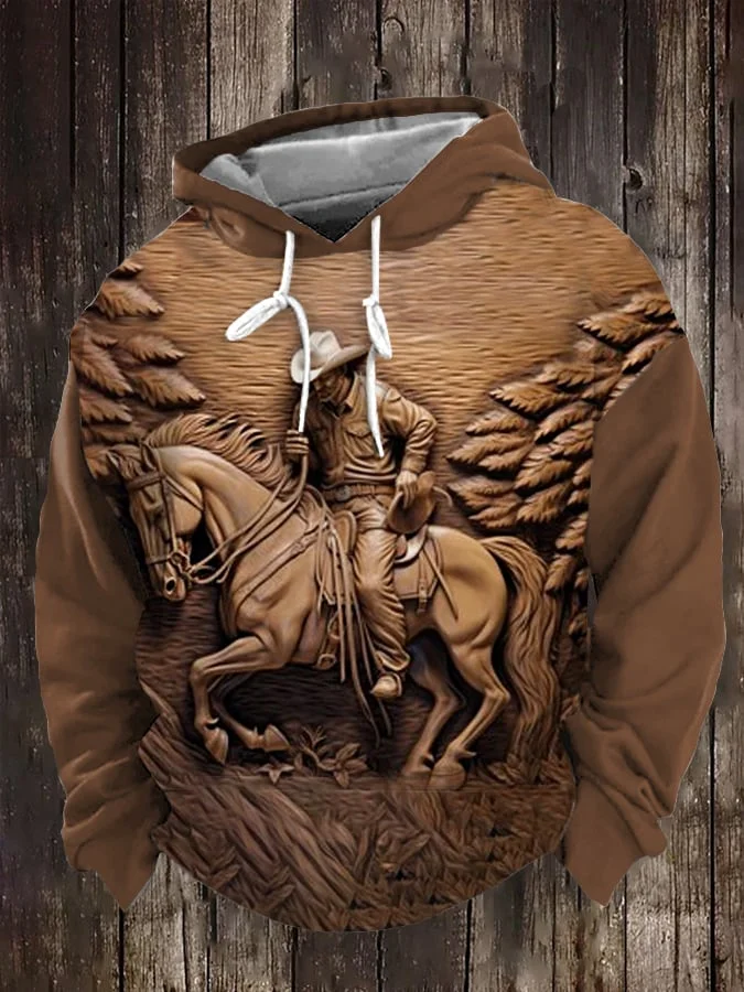 Men's Vintage 3D Wood Engraved Cowboy And Horse Print Casual Hoodie