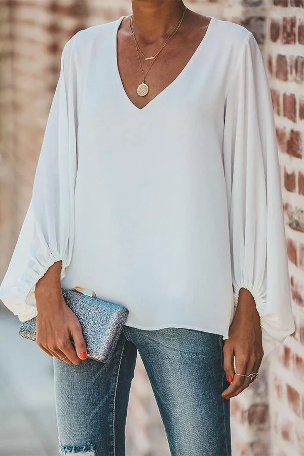 Solid Color Lantern Sleeve Shirt-Allyzone-Allyzone