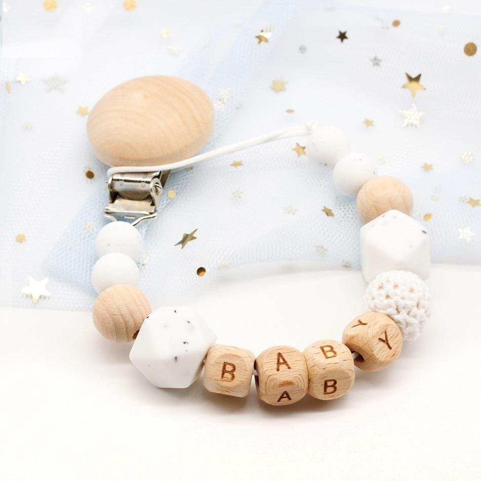 Personalized Name Handmade Silicone Baby Wooden Dummy Pacifier clip Safe Teething Chain Teether Pacifier  chains Holder Chain