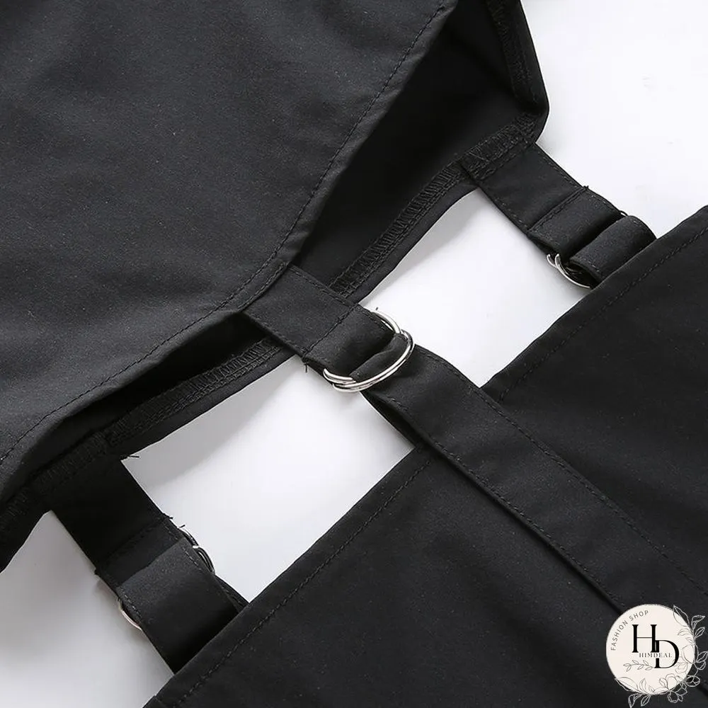Harajuku Pants Fashion Hollow Out High WaistCargo Women Elastic Solid Black TrousersNew