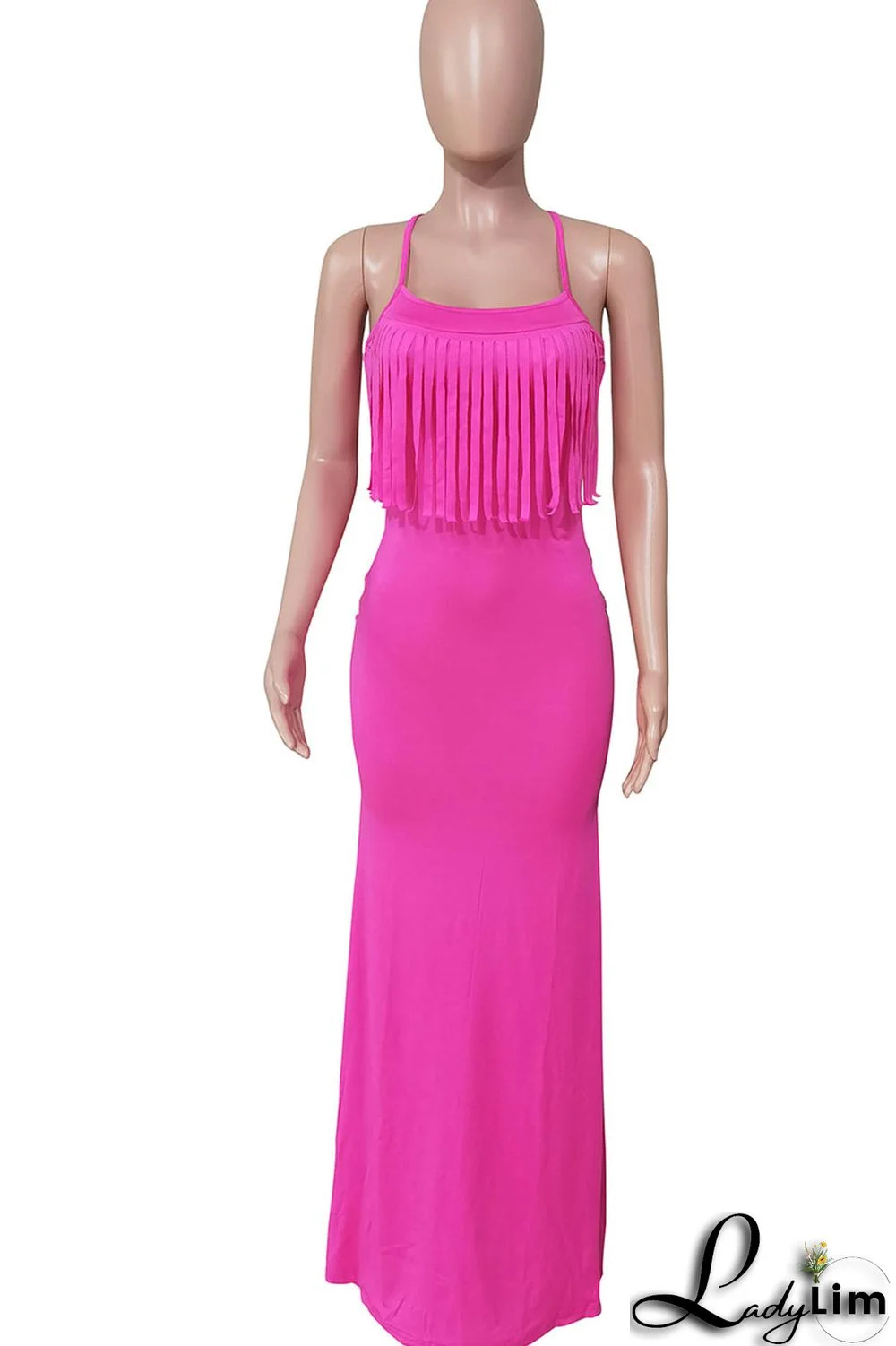 Rose Red Sexy Solid Tassel Split Joint Spaghetti Strap One Step Skirt Dresses