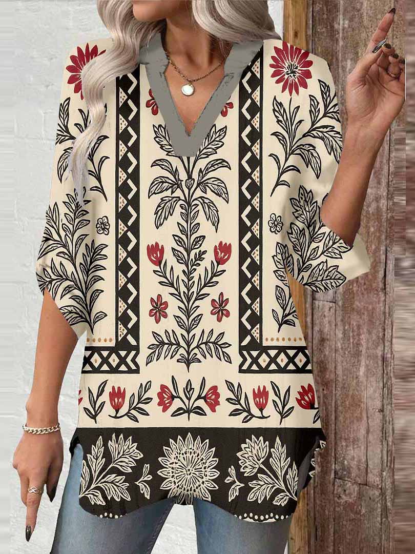 Women Tropical, Black DZGA0091 3/4 Sleeve V-neck Printed Graphic Button Tops