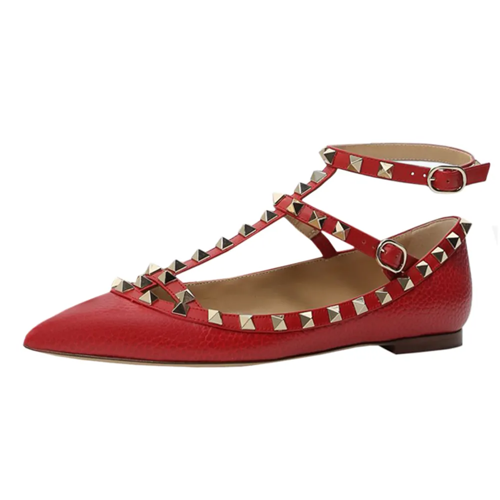 Women's Flats Rivets Rockstud Daily Pointed Toe Ballet Red Lichee Pattern Shoes-vocosishoes