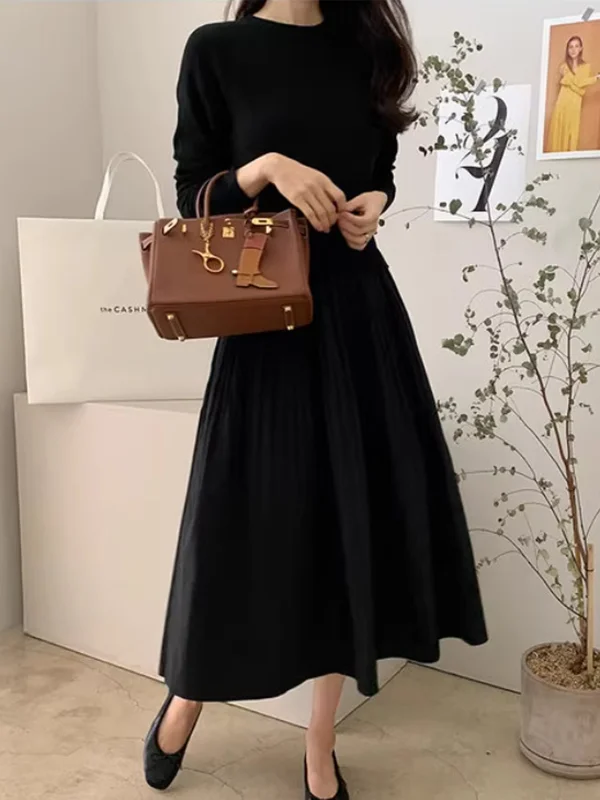 A-Line Long Sleeves Pleated Split-Joint Round-Neck Midi Dresses