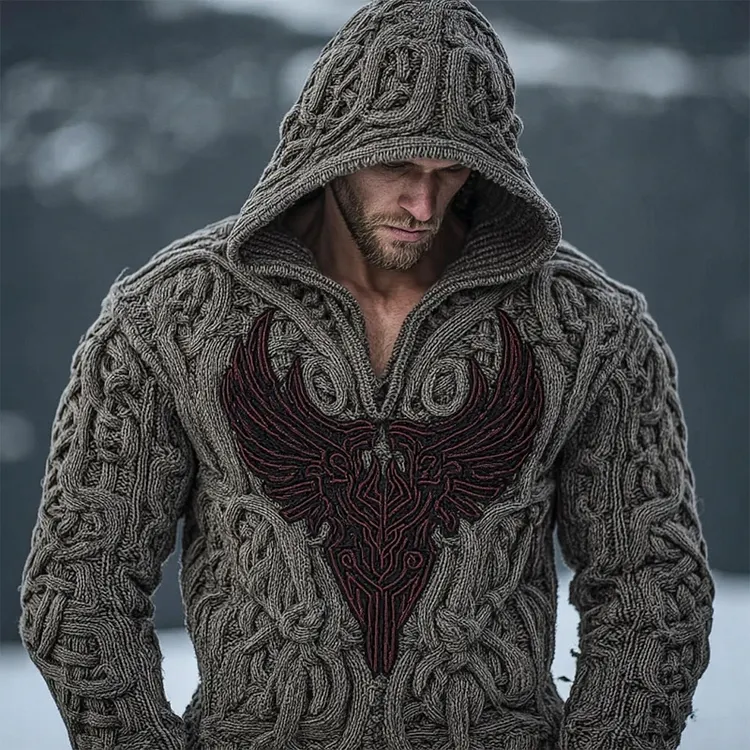 Men's Vintage Celtic Devil Wings Jacquard Chunky Hooded Sweater