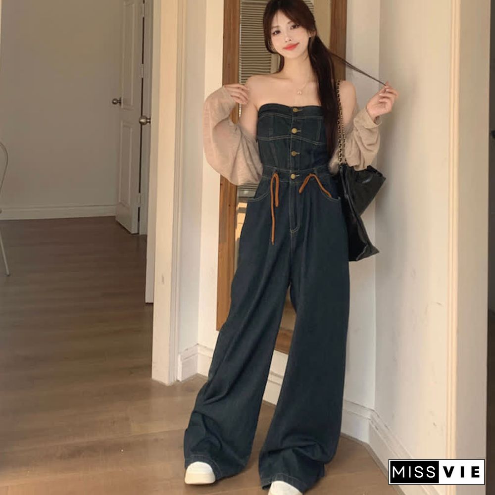 Pure Color Knit Cardigan Off The Shoulder Lace Up Denim Overalls