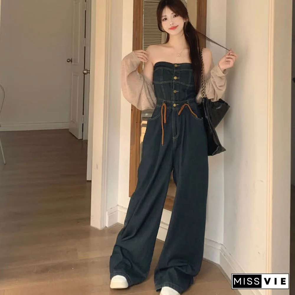 Pure Color Knit Cardigan Off The Shoulder Lace Up Denim Overalls