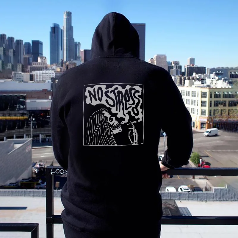 No Stress Skeleton Smoking Printed Cozy Men's Hoodie