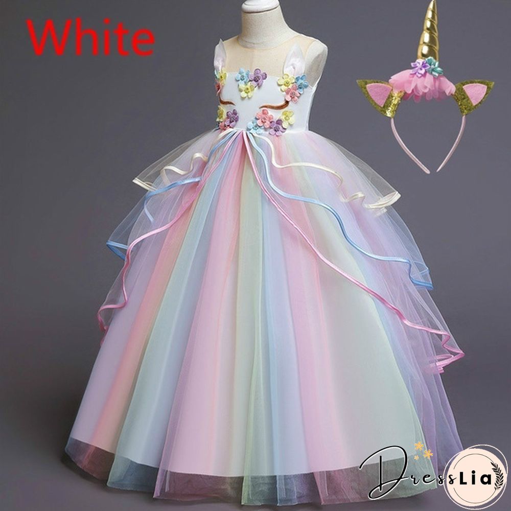 Summer Kids Girl Layered Tulle Unicorn Outfits Dress Headband for Carnival Halloween